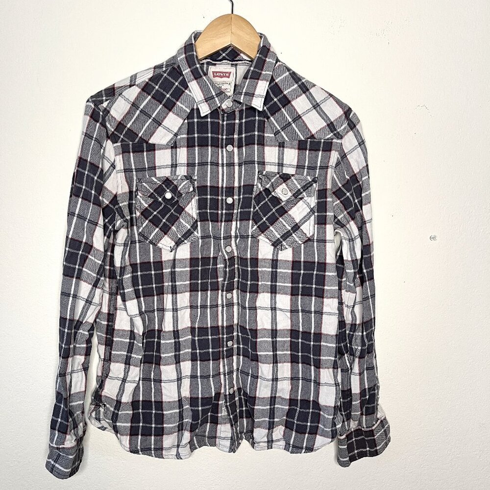 Levi Modern Fit Pearl Snap Button Up Plaid Shirt Size Medium